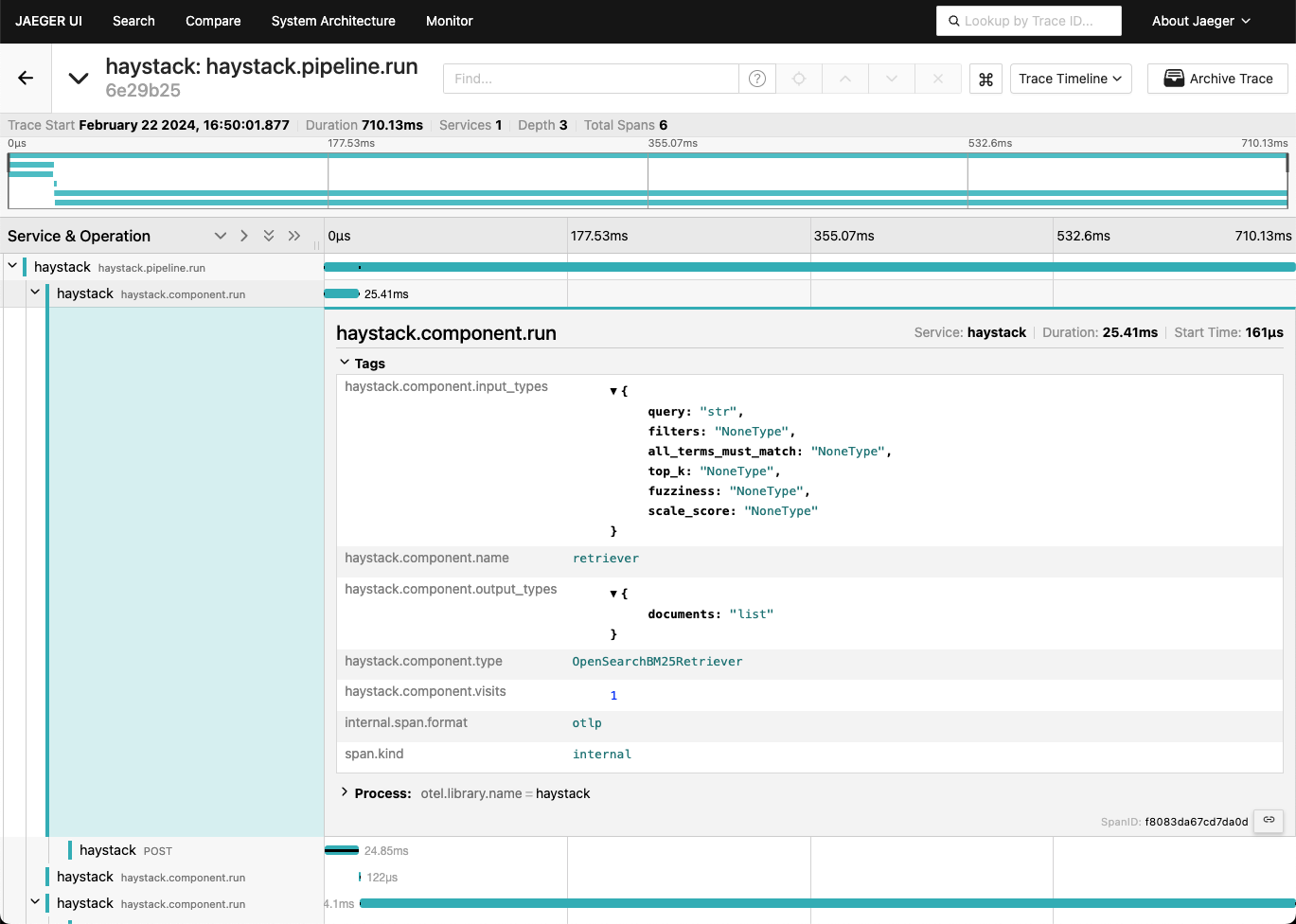 Jaeger UI trace timeline displaying haystack pipeline execution with component spans showing duration and nesting of operations